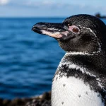 Galápagos penguin in close-up with blue ocean and volcanic rocks in the background.