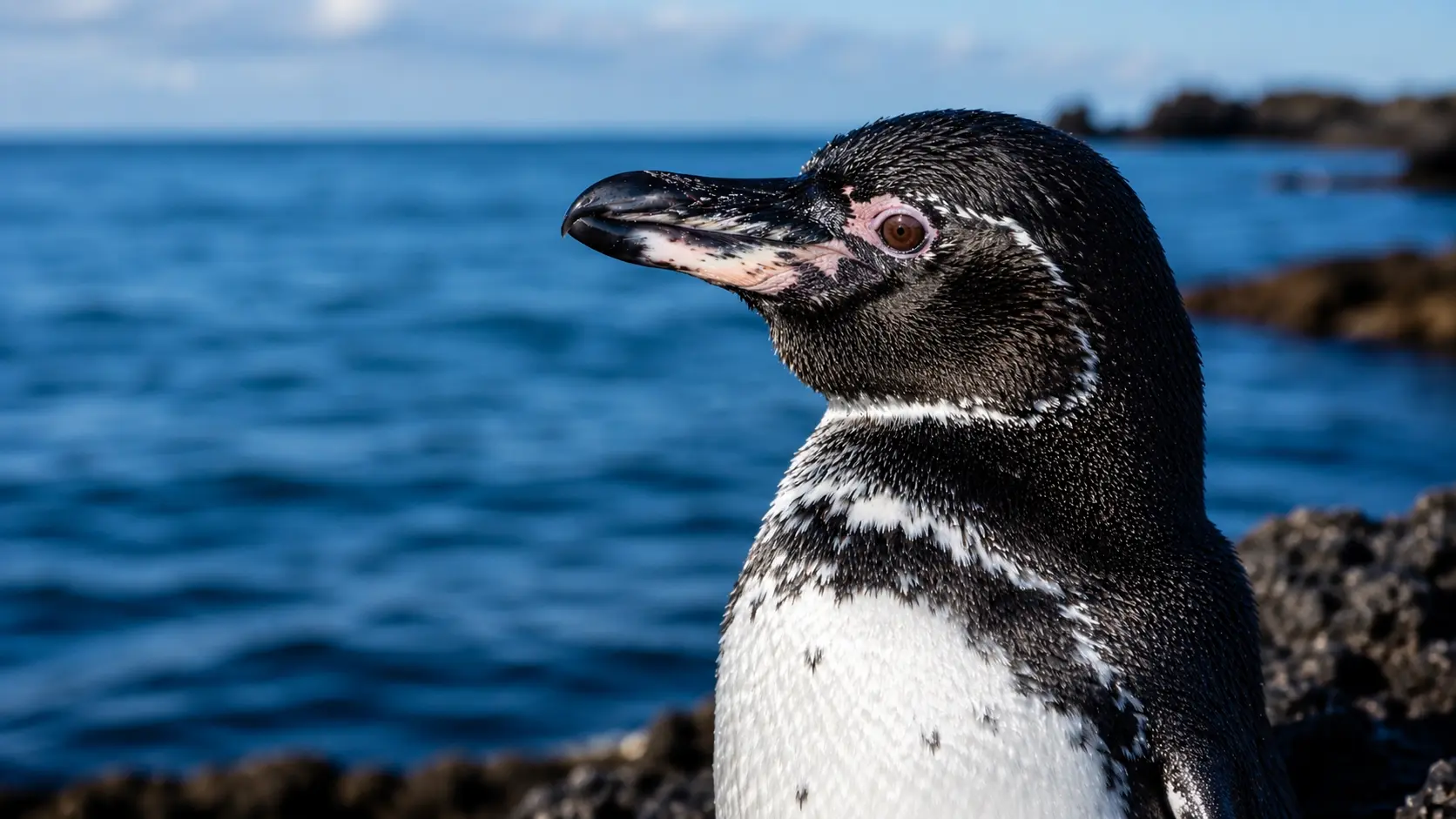 Galápagos penguin in close-up with blue ocean and volcanic rocks in the background.