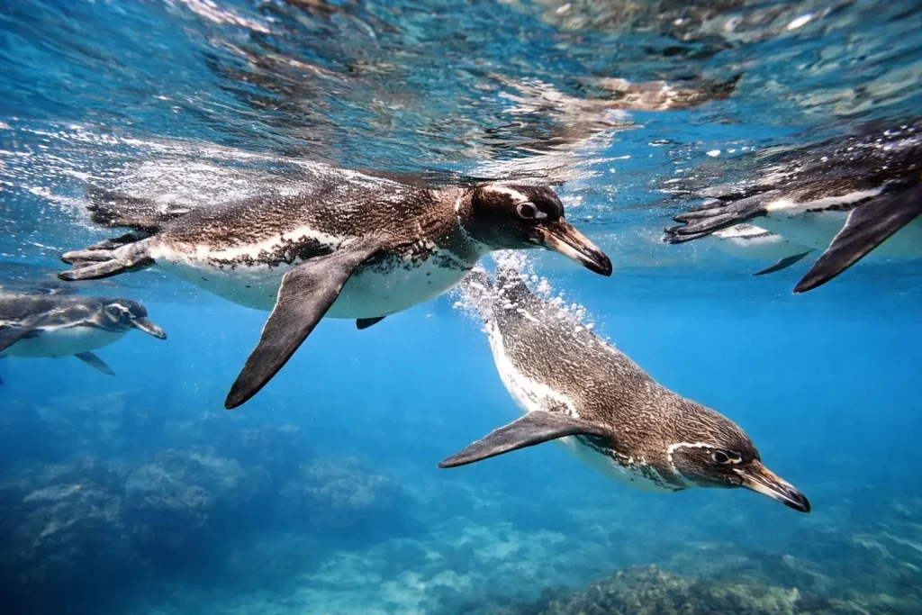 Galápagos penguins swim underwater in clear blue ocean water near a rocky seafloor.