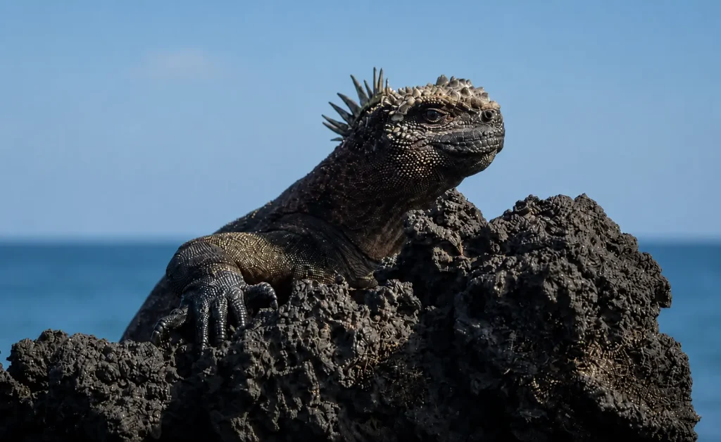 Galápagos marine iguana resting on black volcanic rock with the ocean in the background.
