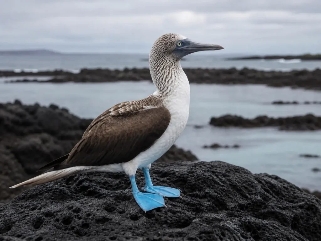 Blue-footed booby standing on volcanic rock with the ocean in the background in Galápagos.