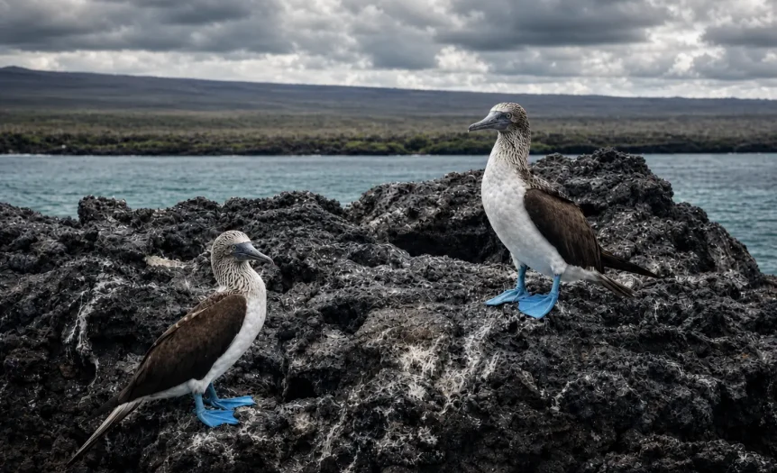 Two blue-footed boobies standing on volcanic rock beside the ocean in the Galápagos Islands.