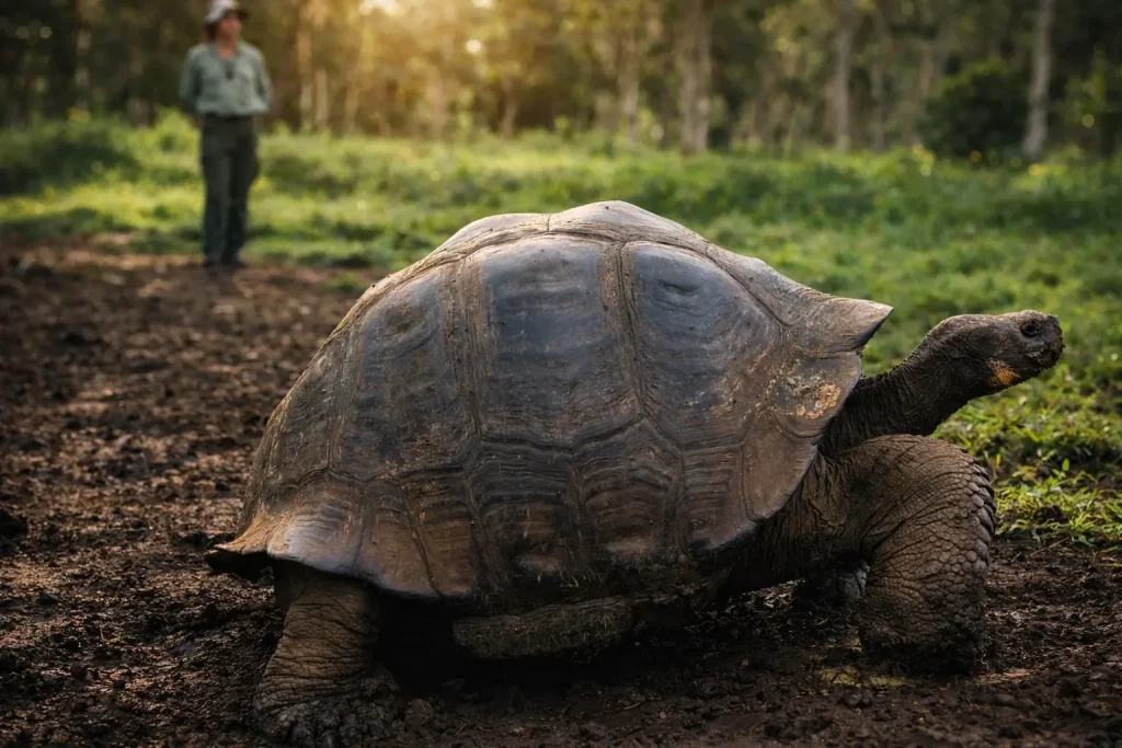 A Galápagos giant tortoise moves through a protected habitat while a visitor stands at a distance in the background on Santa Cruz Island.