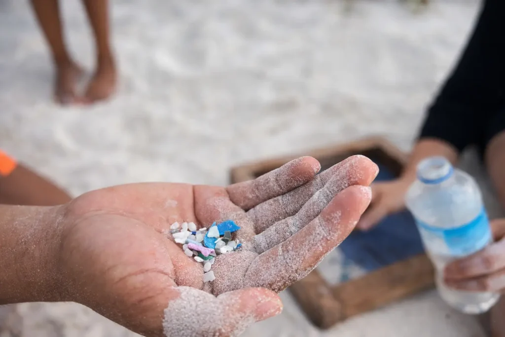 A hand covered in sand holds small microplastic fragments during a beach monitoring activity in Galápagos.