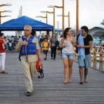 The Tourism Paradox: Protecting What We Love to See People walk along a wooden pier in Puerto Ayora on Santa Cruz Island, reflecting the daily movement of residents and visitors in Galápagos.