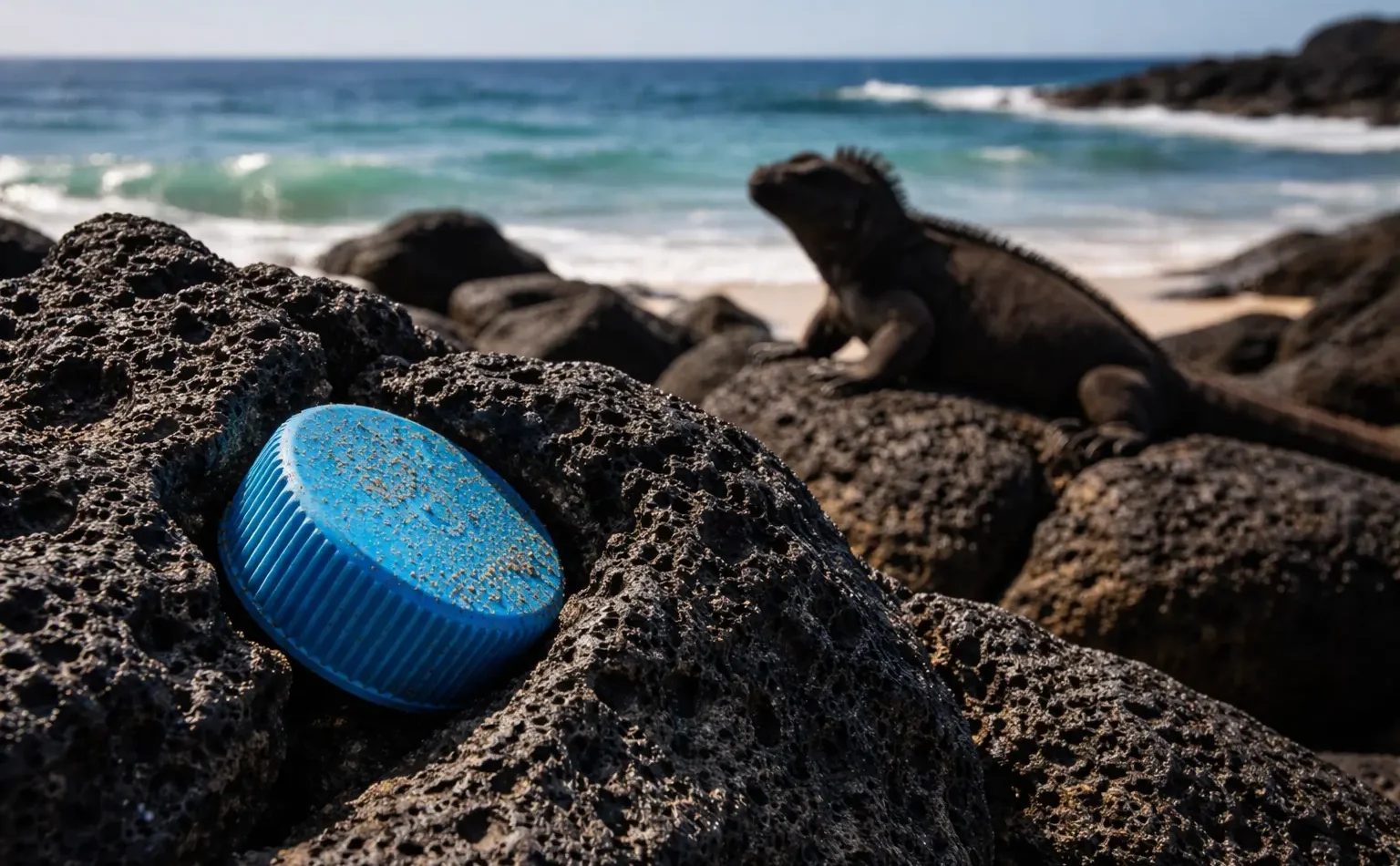 Plastic bottle cap lodged in volcanic lava rock with a marine iguana in the background on a Galápagos shoreline