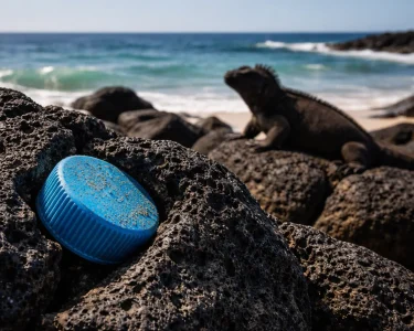 Plastic bottle cap lodged in volcanic lava rock with a marine iguana in the background on a Galápagos shoreline