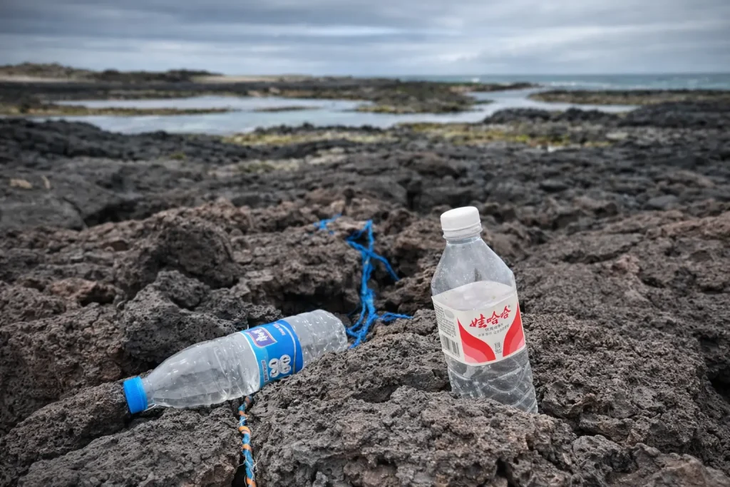 Two discarded plastic bottles lie among volcanic rocks on a Galápagos shoreline, with tide pools, ocean, and a cloudy sky in the background.