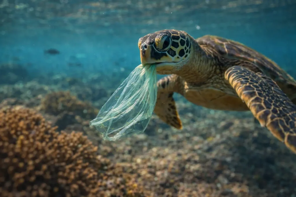 Sea turtle swimming with a plastic bag in its mouth over a coral reef in the Galápagos Islands