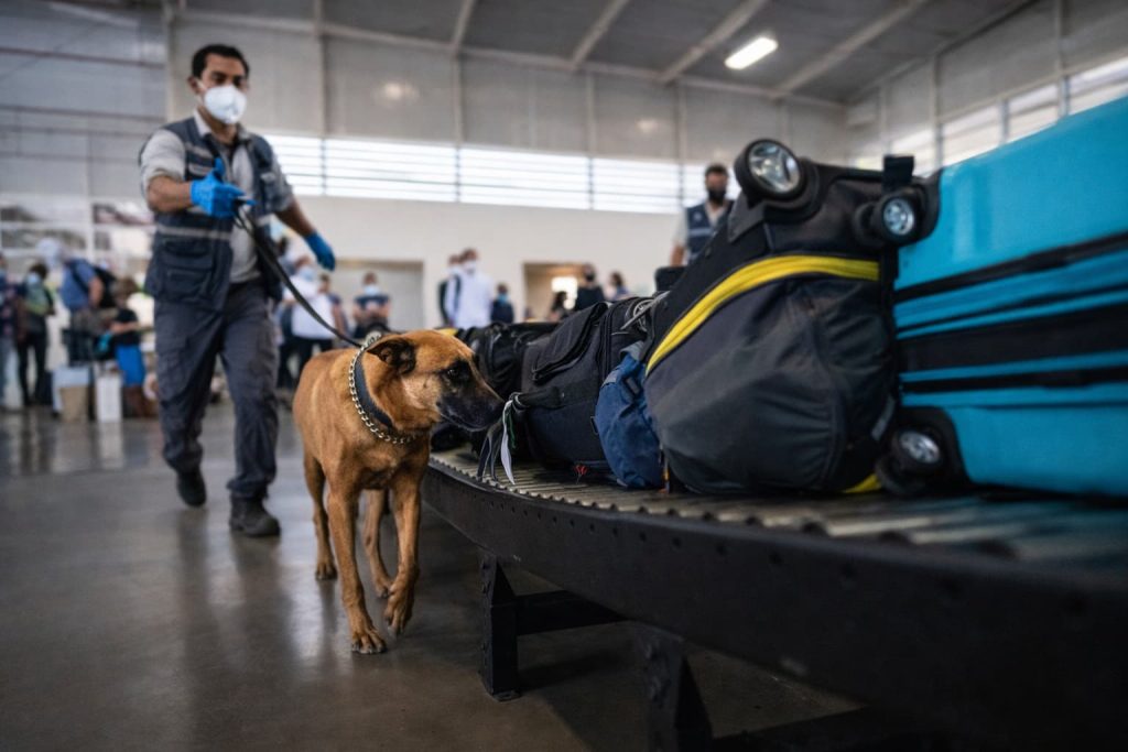 Biosecurity detection dog inspecting luggage at an airport in the Galápagos Islands to prevent invasive species introduction