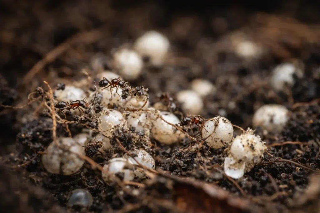 Close-up of ants tending eggs in soil, illustrating invasive species reproduction in the Galápagos Islands