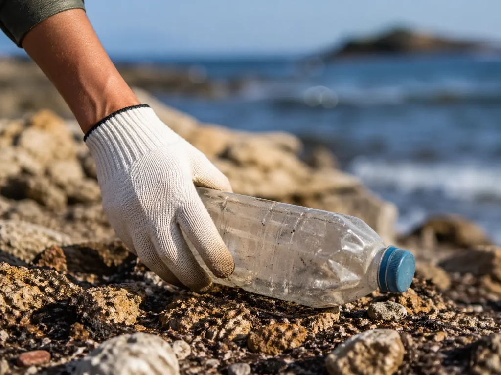 A gloved hand picks up a discarded plastic bottle from a rocky shoreline with the sea blurred in the background.