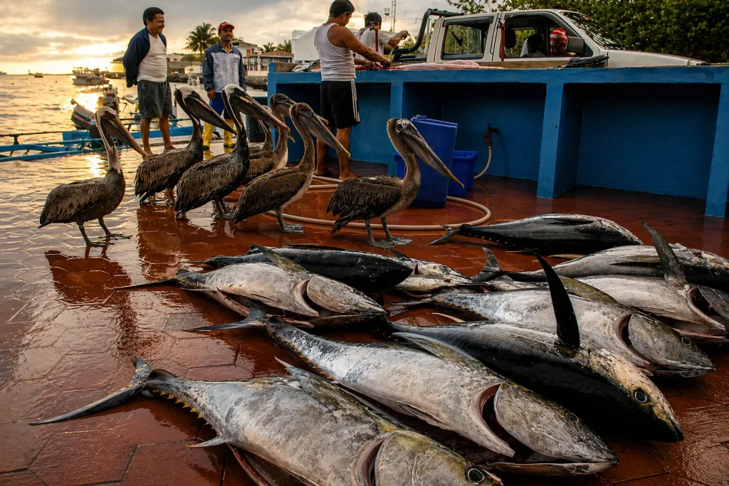 Pelicans stand beside freshly landed tuna at a fish dock in Galápagos while fishers work in the background.