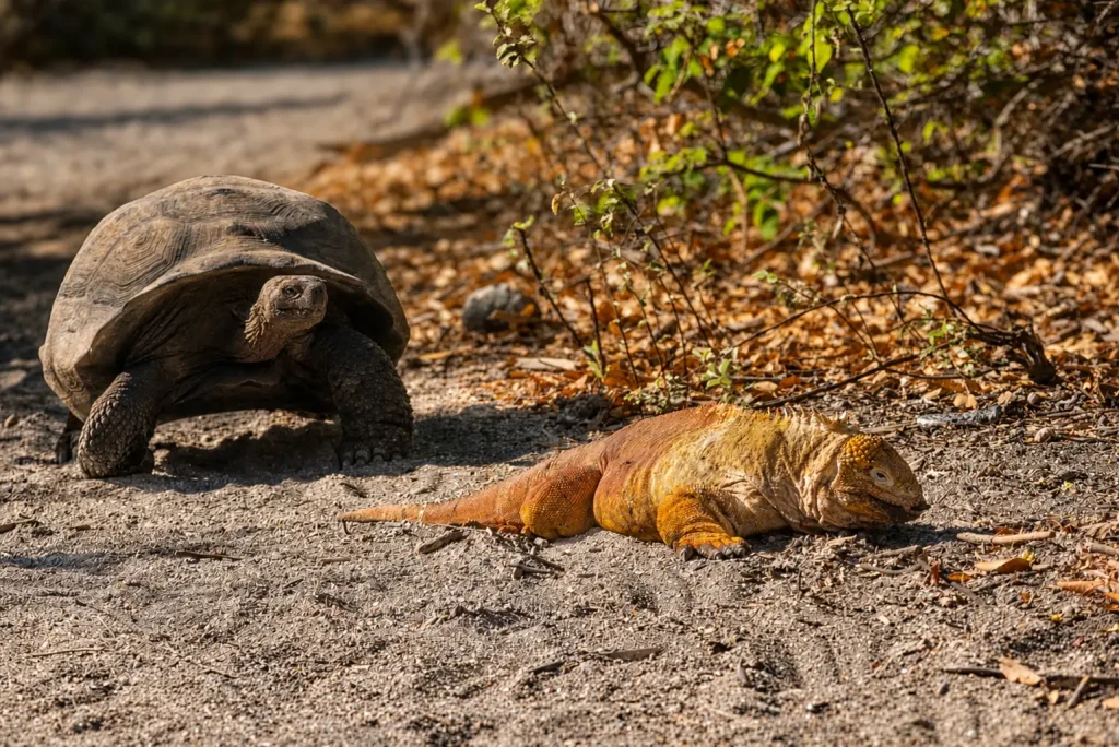 A Galápagos giant tortoise and a Galápagos land iguana resting near each other on a dry forest trail.