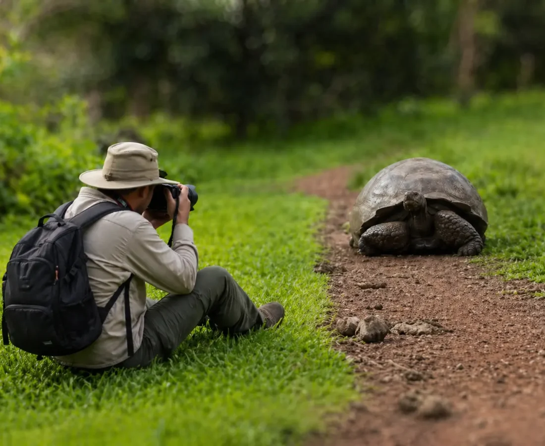 A photographer observes a Galápagos giant tortoise from a respectful distance on a muddy forest trail in Galápagos.