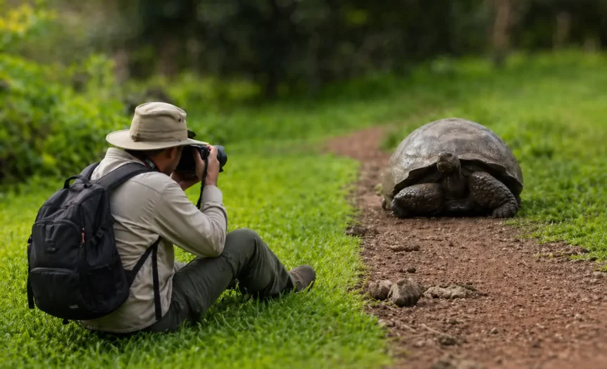 A photographer observes a Galápagos giant tortoise from a respectful distance on a muddy forest trail in Galápagos.