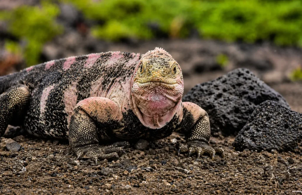 Front view of a Galápagos pink iguana on volcanic terrain, showing its distinctive pink and black coloration