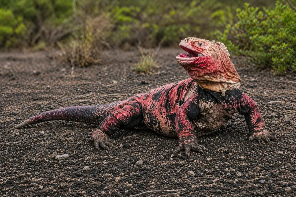 Galápagos pink iguana resting on flat volcanic terrain with sparse vegetation in its natural habitat