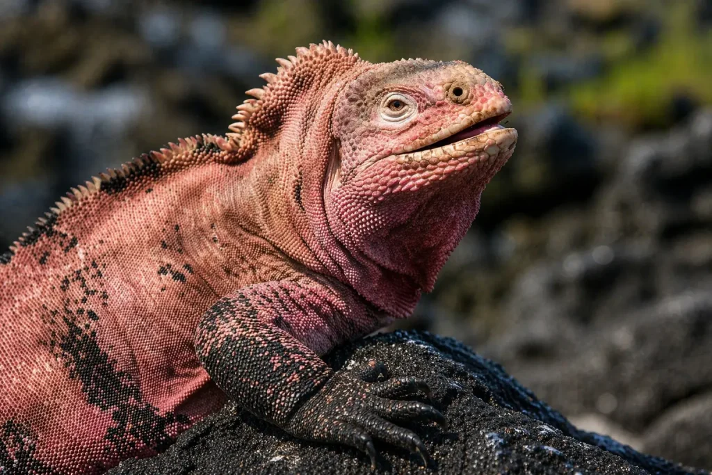 Pink iguana of the Galápagos resting on volcanic rock, showing distinctive coloration and texture in its natural habitat