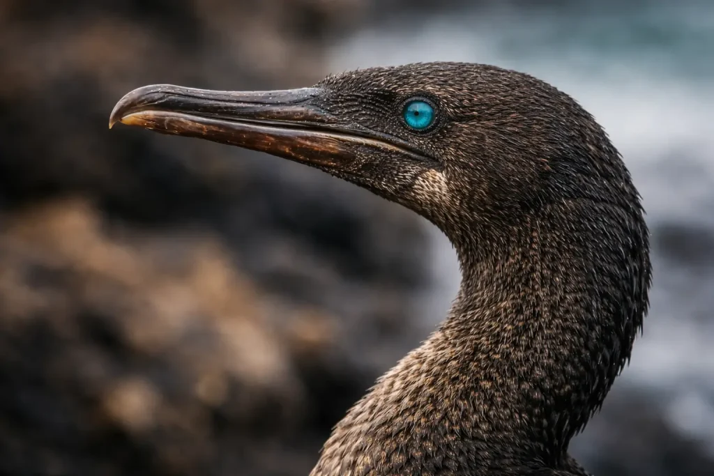 Close-up of a Galapagos flightless cormorant showing its turquoise eye and textured feathers.