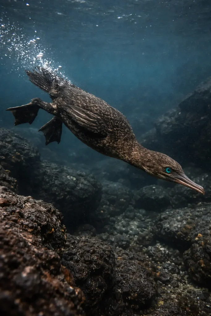 Galapagos flightless cormorant swimming underwater using its powerful feet to hunt along volcanic rock formations.