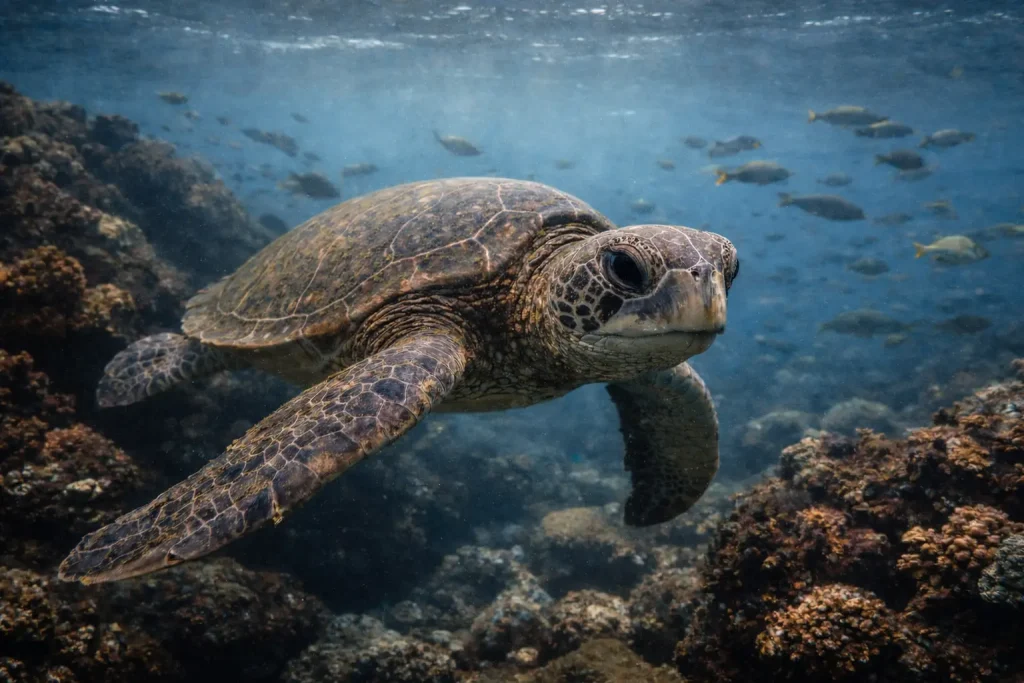 Galapagos green sea turtle swimming over a volcanic reef in the Galapagos Marine Reserve.