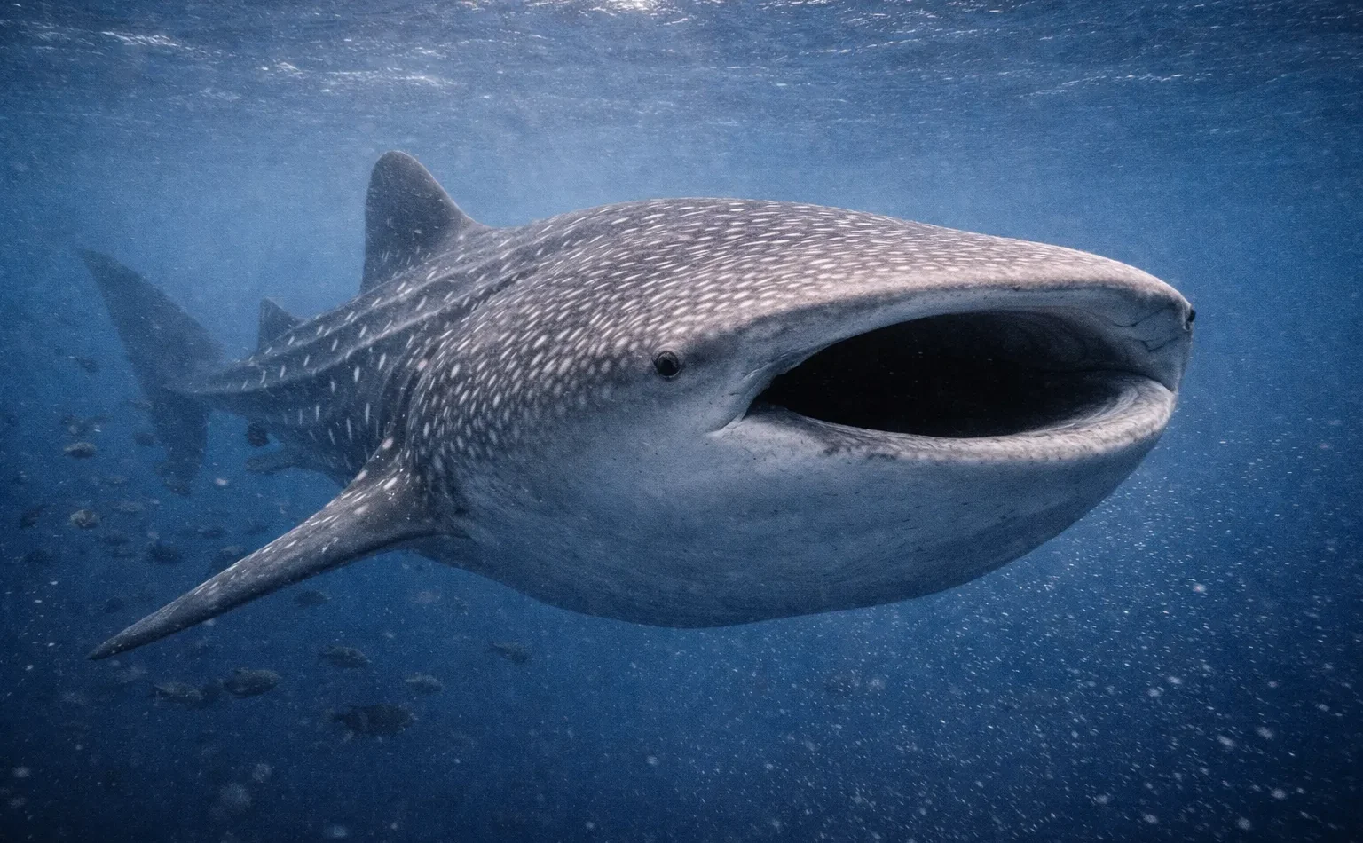 Whale shark swimming through deep blue open ocean waters in the Galápagos Marine Reserve.
