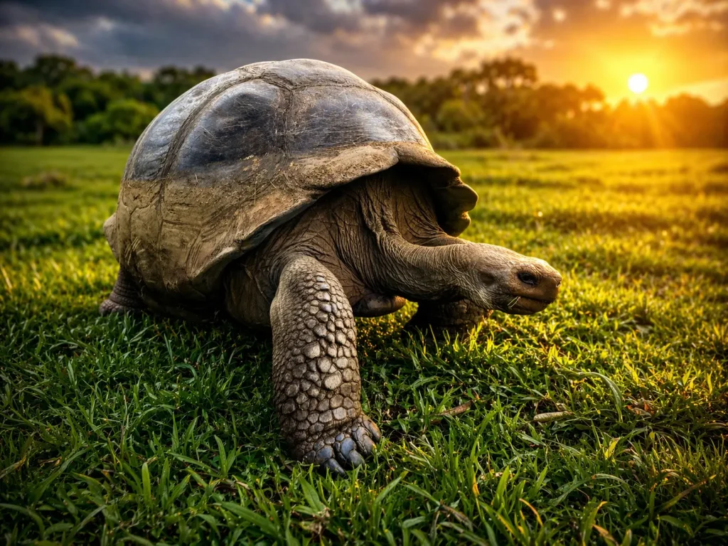 Giant tortoise walking across grassy landscape at sunset