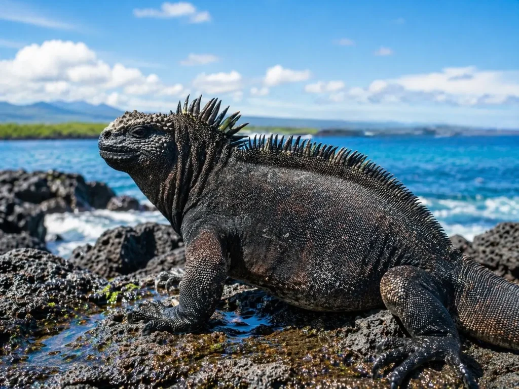Marine iguana resting on volcanic rocks along the Galápagos coastline