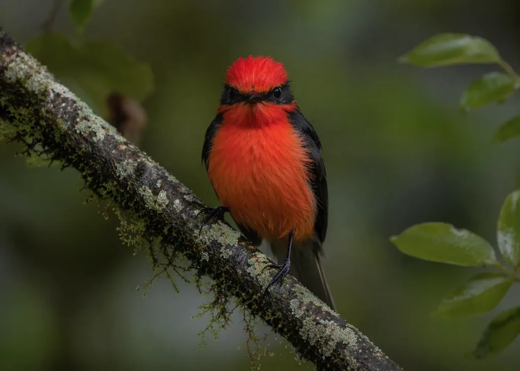 Vermilion flycatcher perched on a branch in the Galápagos Islands