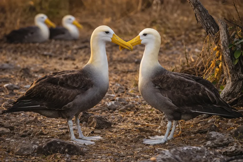Pair of waved albatrosses performing courtship display on Española Island, Galápagos