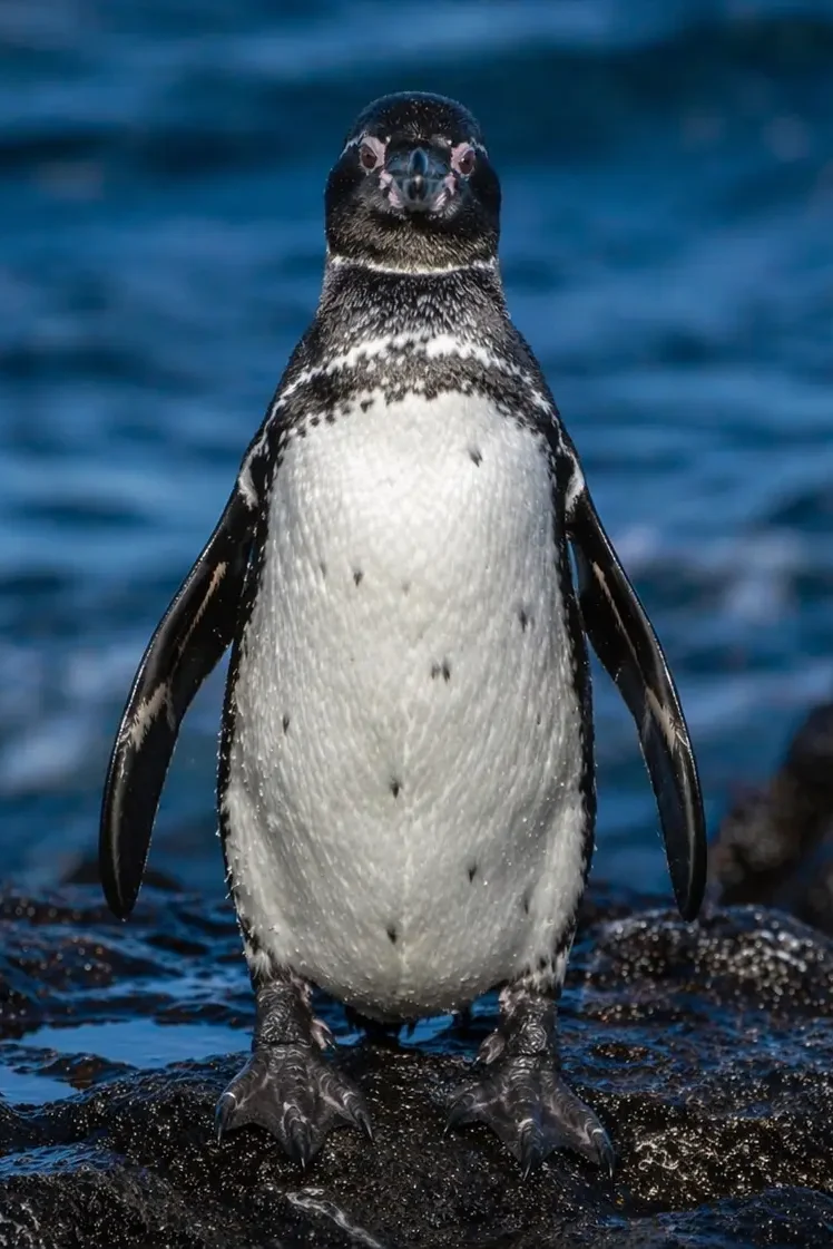 A Galápagos penguin stands on black volcanic rocks near the ocean.